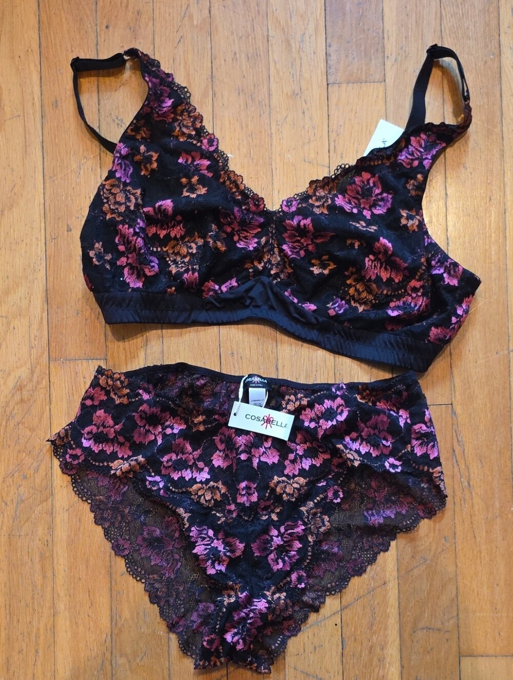 Cosabella Black Lace Bralette & Brief Set with Pink Floral Embroidery